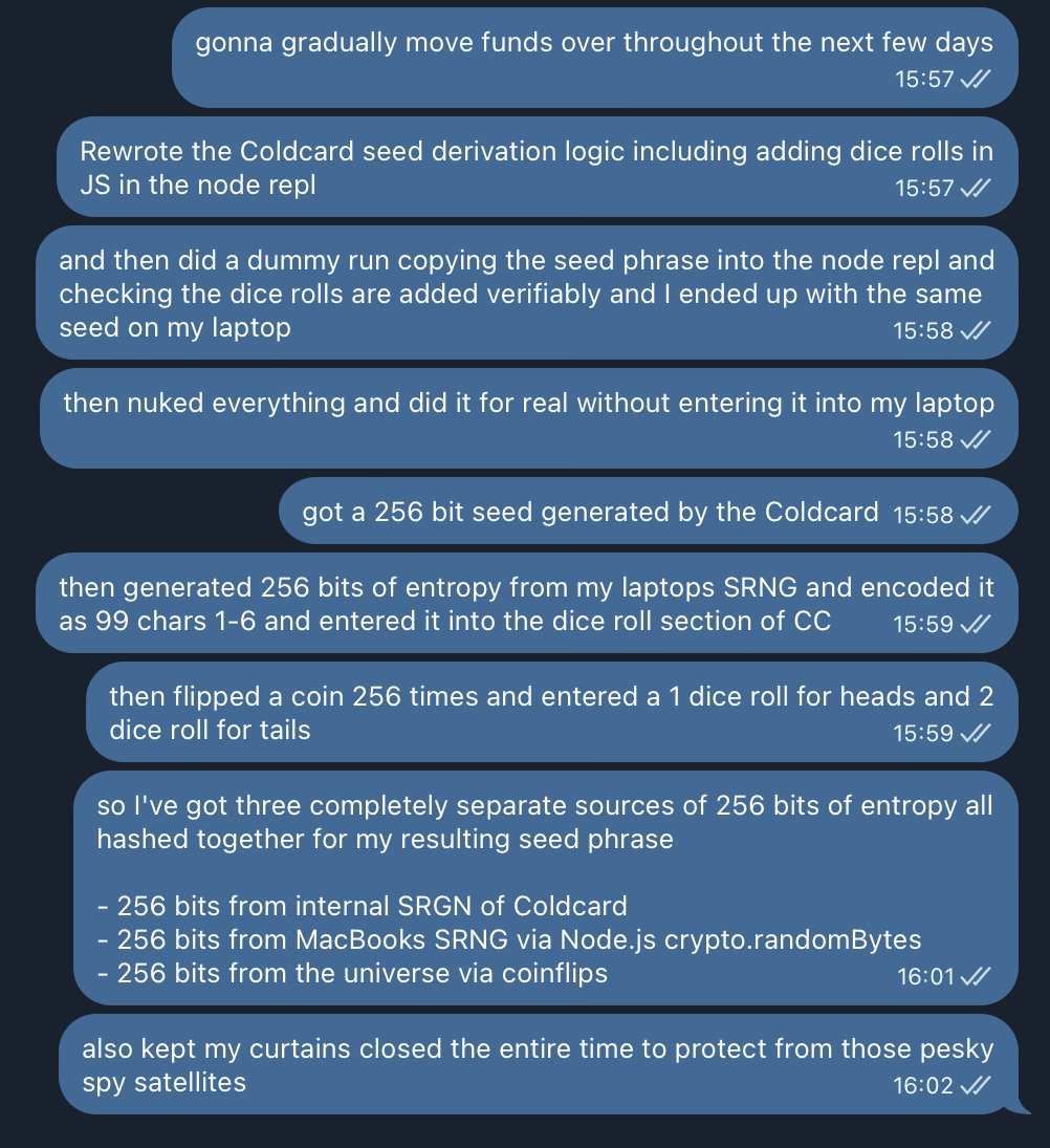 Telegram messages from the original setup: rewriting the Coldcard seed derivation in a Node REPL, verifying with a dummy run, then combining 256 bits from the Coldcard, 256 bits from a MacBook, and 256 coin flips — with the curtains closed to protect from spy satellites.